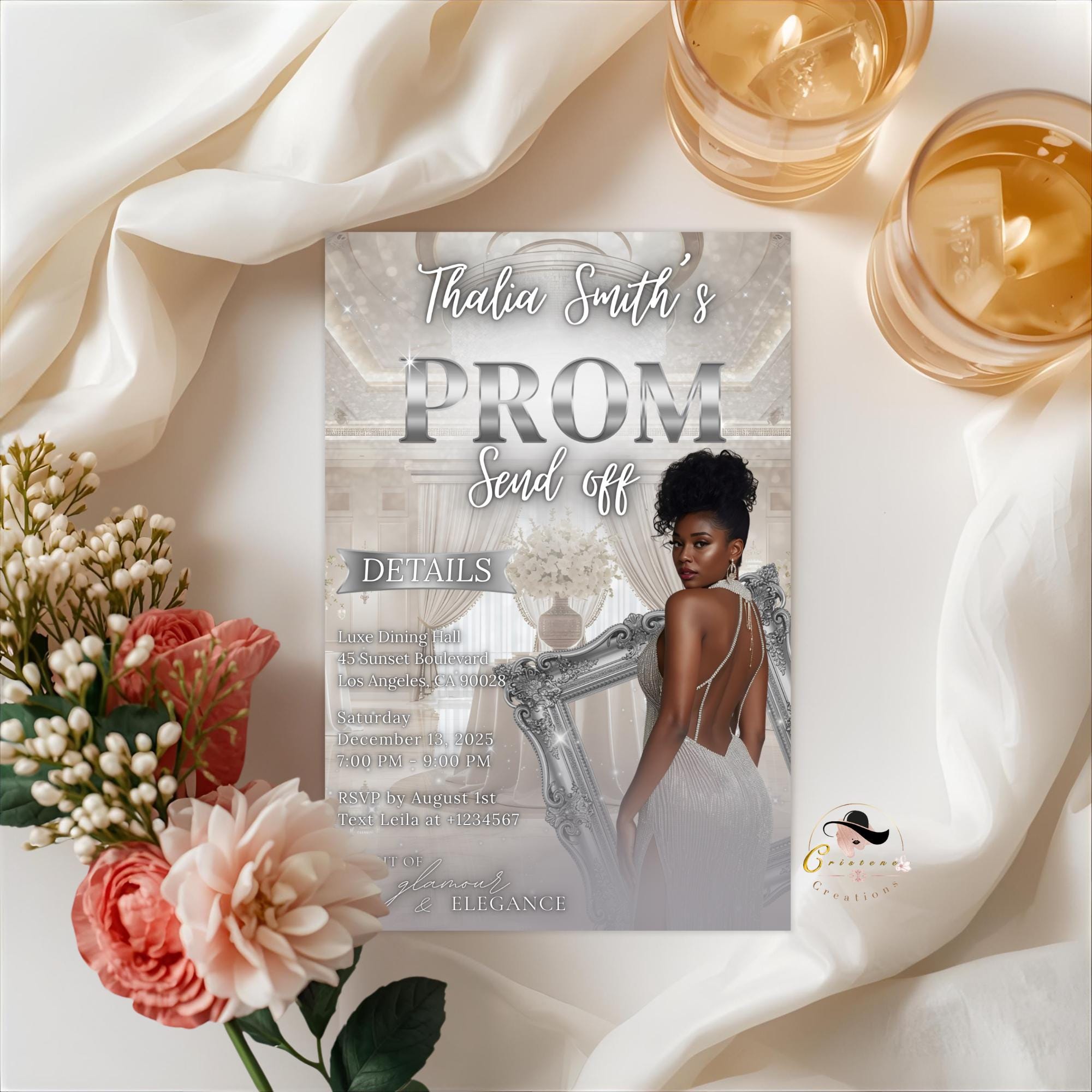 Editable Prom Send Off Party Invitation White Silver Woman Prom Night with photo invite, Digital Senior Ball and Junior Prom Template, PRM14