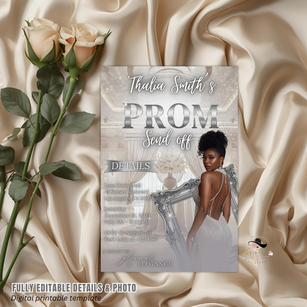 Editable Prom Send Off Party Invitation White Silver Woman Prom Night with photo invite, Digital Senior Ball and Junior Prom Template, PRM14