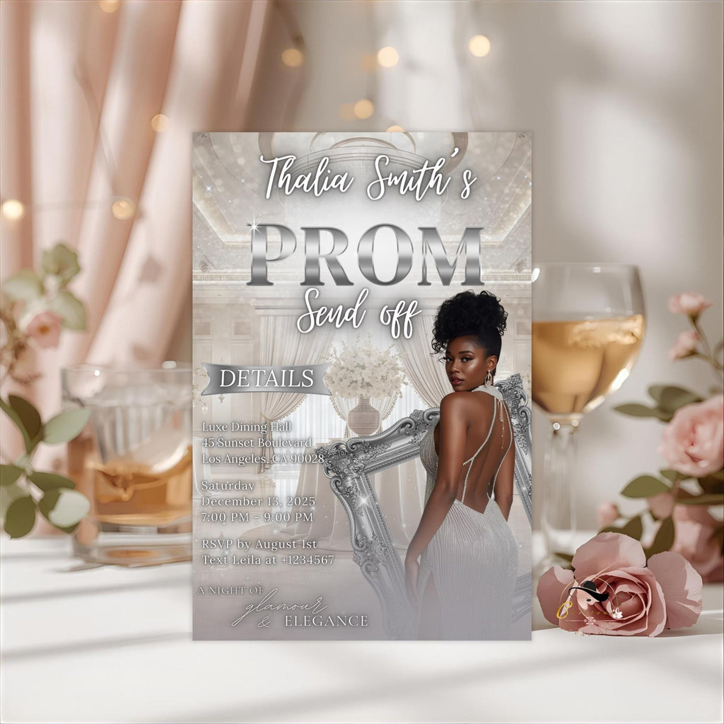 Editable Prom Send Off Party Invitation White Silver Woman Prom Night with photo invite, Digital Senior Ball and Junior Prom Template, PRM14