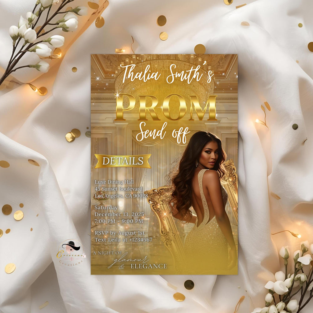 Editable Prom Send Off Party Invitation White Gold Woman Prom Night with photo invite, Digital Senior Ball and Junior Prom Template, PRM15