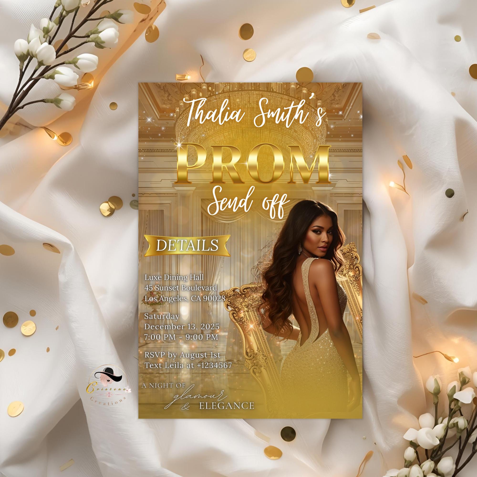 Editable Prom Send Off Party Invitation White Gold Woman Prom Night with photo invite, Digital Senior Ball and Junior Prom Template, PRM15