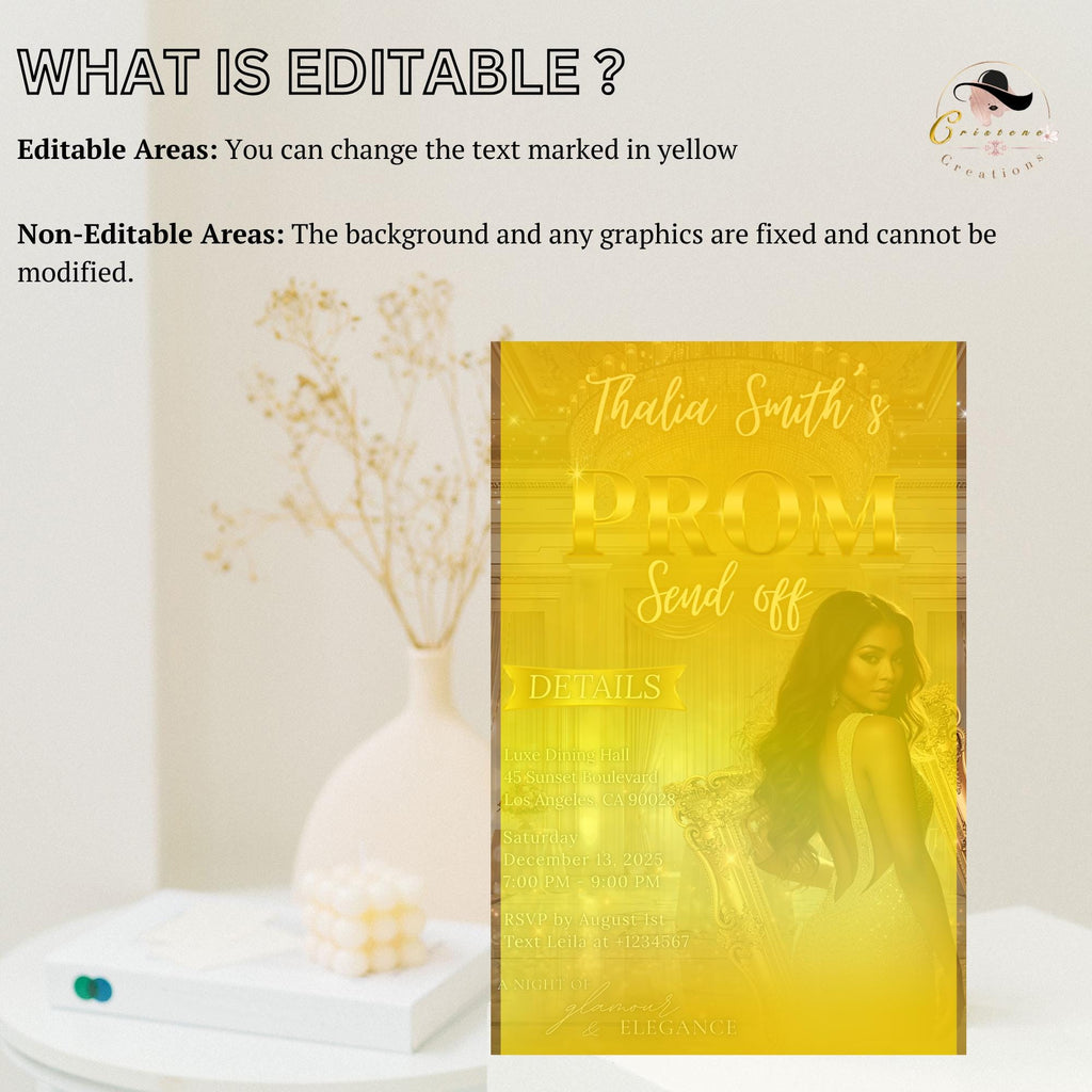 Editable Prom Send Off Party Invitation White Gold Woman Prom Night with photo invite, Digital Senior Ball and Junior Prom Template, PRM15