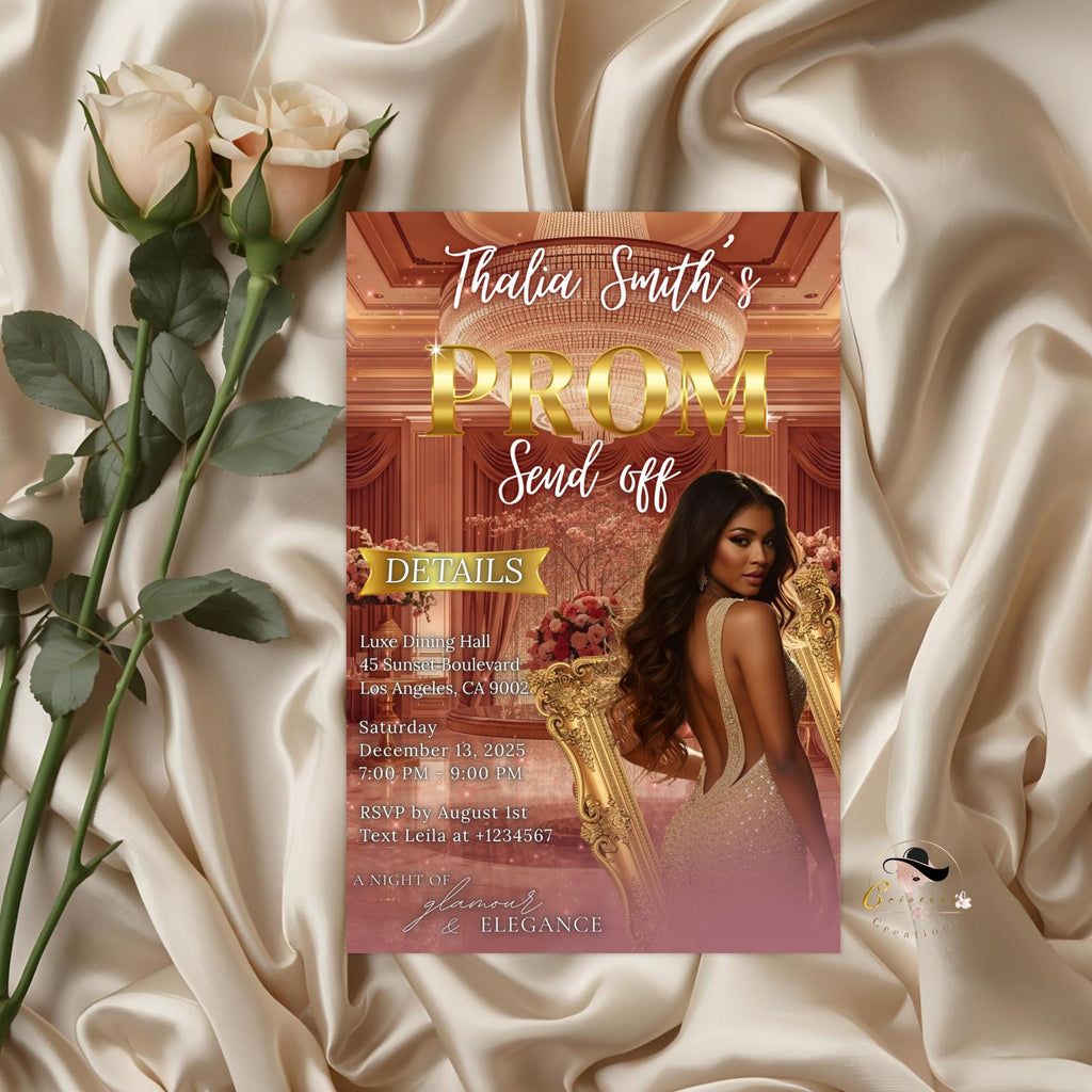 Digital Prom Send Off Party Invitation Rose Gold Pink Woman Prom Night with photo invite Editable Senior Ball and Junior Prom Template PRM16