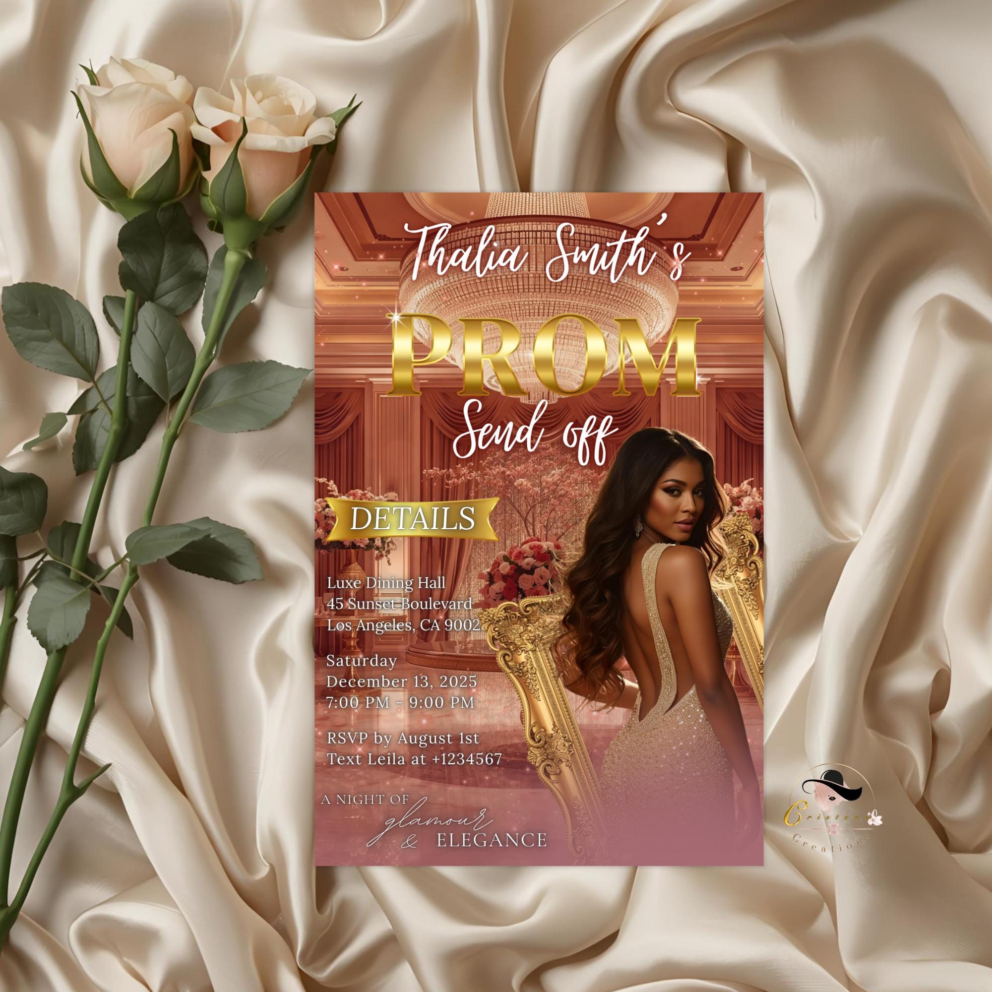 Digital Prom Send Off Party Invitation Rose Gold Pink Woman Prom Night with photo invite Editable Senior Ball and Junior Prom Template PRM16