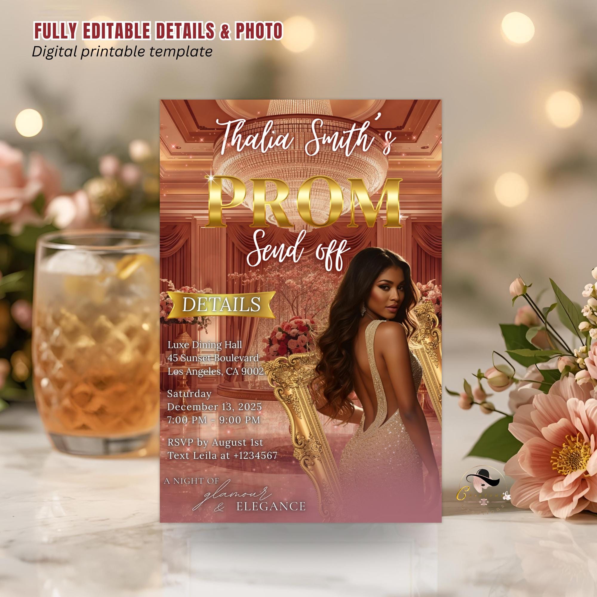 Digital Prom Send Off Party Invitation Rose Gold Pink Woman Prom Night with photo invite Editable Senior Ball and Junior Prom Template PRM16