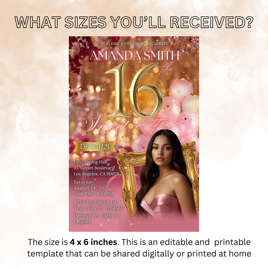 Digital Sweet 16 Birthday Invitation Rose Gold Pink 16th Brunch Party Invite, Editable Elegant Sweet Sixteen Dinner with photo Template