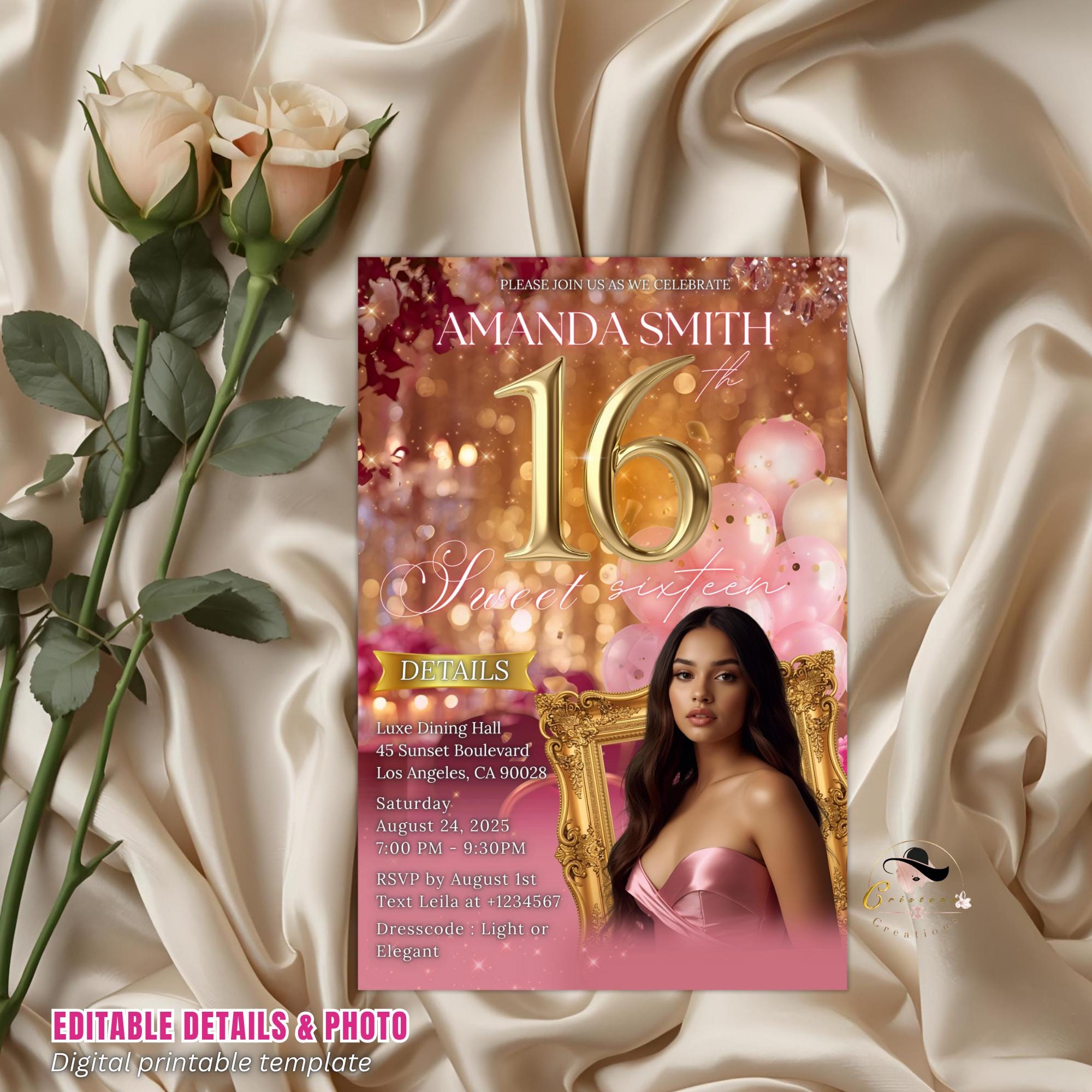 Digital Sweet 16 Birthday Invitation Rose Gold Pink 16th Brunch Party Invite, Editable Elegant Sweet Sixteen Dinner with photo Template