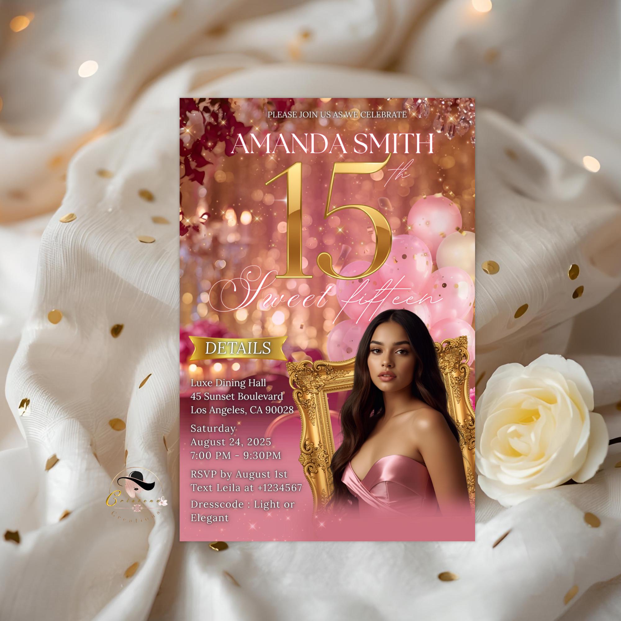 Editable 15th Birthday Invitation with photo Rose Gold Pink Floral Quinceañera Invite, Digital Sweet 15 Dinner Party Template for Teen Girl