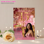 Editable 15th Birthday Invitation with photo Rose Gold Pink Floral Quinceañera Invite, Digital Sweet 15 Dinner Party Template for Teen Girl