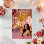 Digital 13th Birthday Invitation Pink Rose Gold Thirteenth Birthday Party with photo Template for Teen Girl, Elegant Brunch Floral Invite