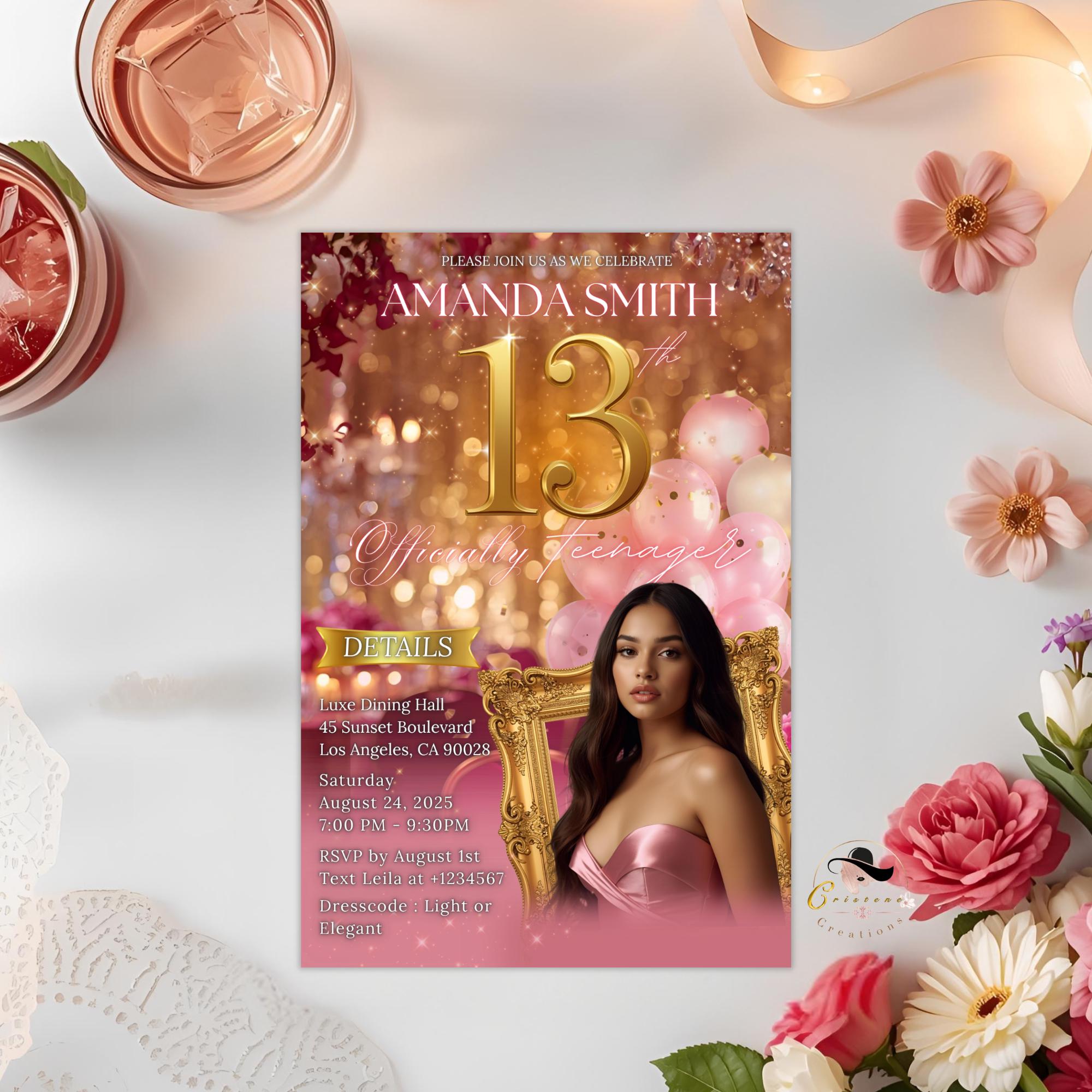 Digital 13th Birthday Invitation Pink Rose Gold Thirteenth Birthday Party with photo Template for Teen Girl, Elegant Brunch Floral Invite