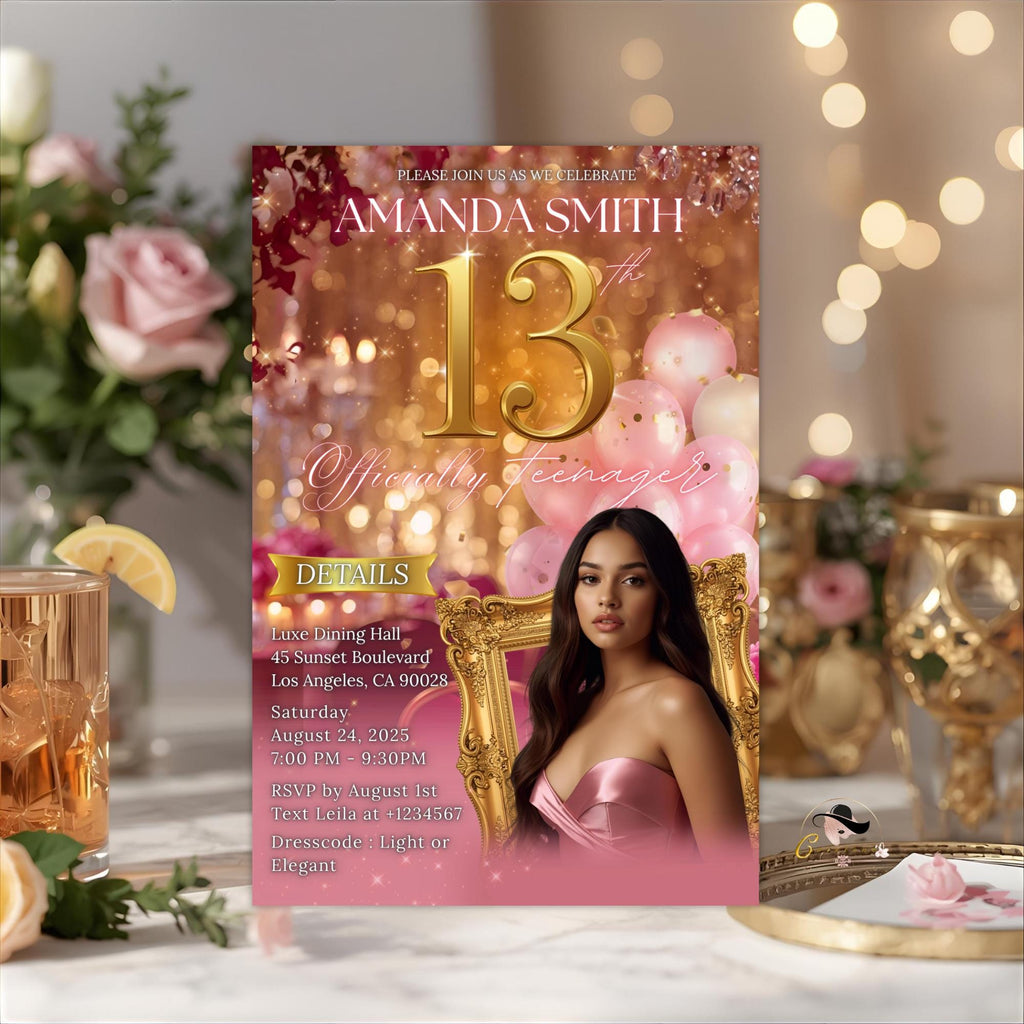 Digital 13th Birthday Invitation Pink Rose Gold Thirteenth Birthday Party with photo Template for Teen Girl, Elegant Brunch Floral Invite