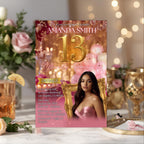 Digital 13th Birthday Invitation Pink Rose Gold Thirteenth Birthday Party with photo Template for Teen Girl, Elegant Brunch Floral Invite
