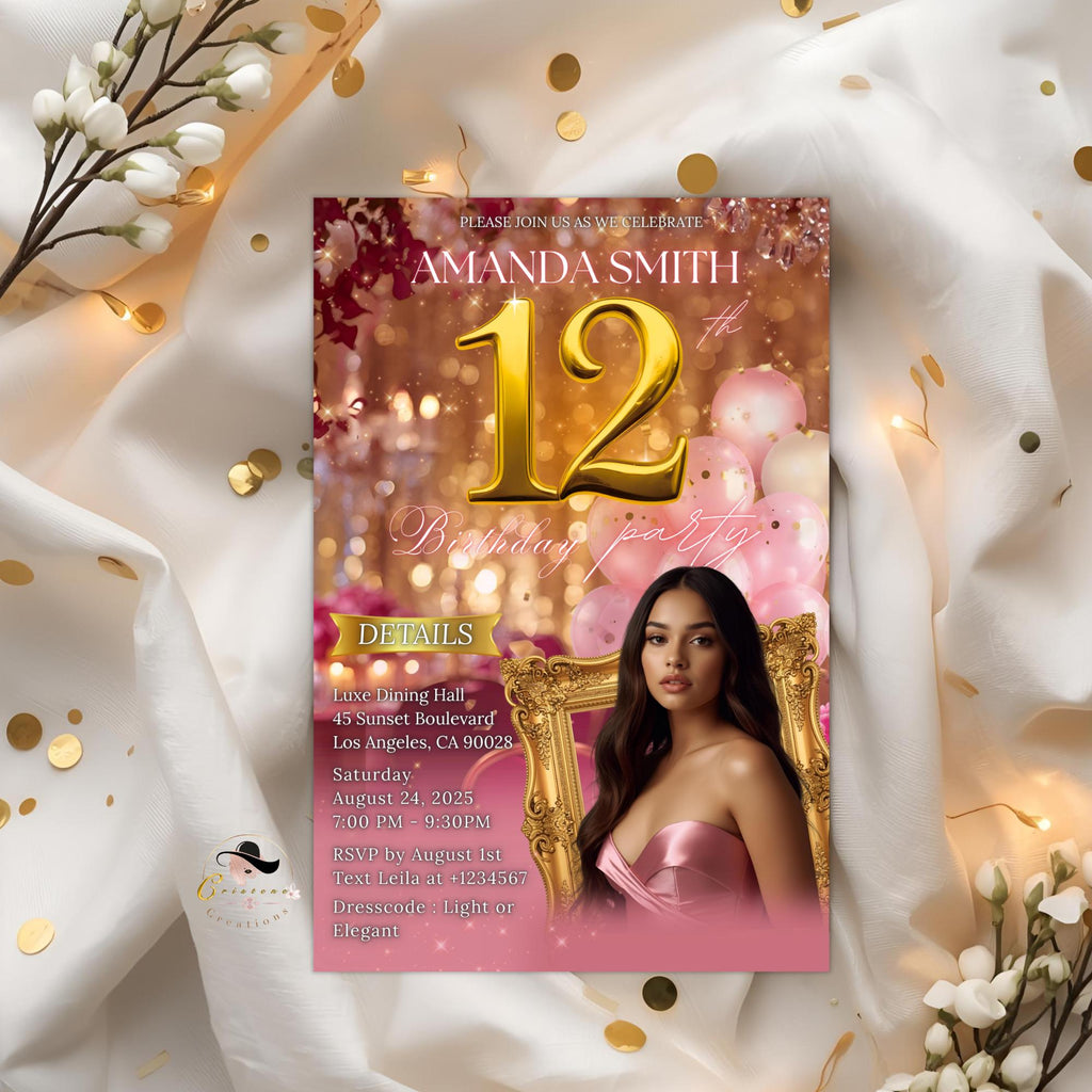 Digital 12th Birthday Invitation with photo Pink Rose Gold Tween Birthday Dinner Template for girl, Twelve Birthday Brunch Floral Invite