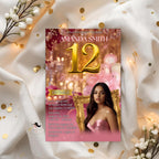Digital 12th Birthday Invitation with photo Pink Rose Gold Tween Birthday Dinner Template for girl, Twelve Birthday Brunch Floral Invite