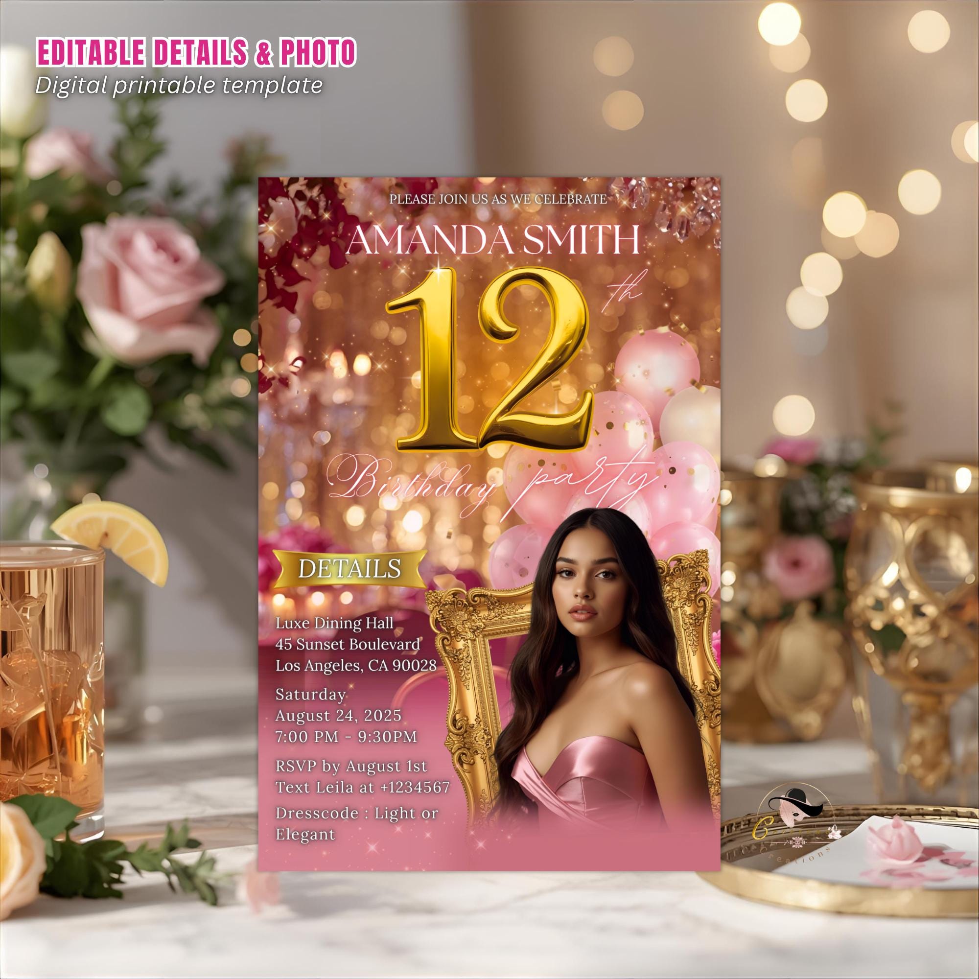 Digital 12th Birthday Invitation with photo Pink Rose Gold Tween Birthday Dinner Template for girl, Twelve Birthday Brunch Floral Invite