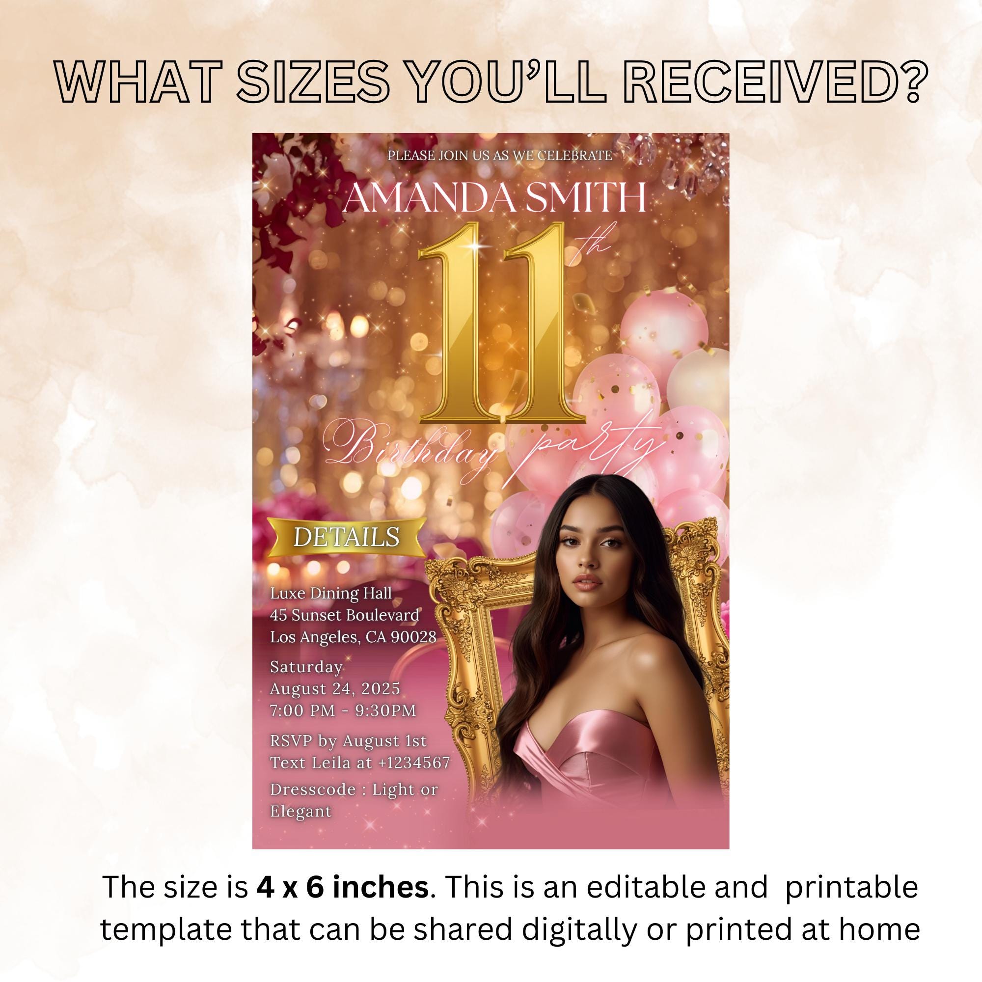 Editable 11th Birthday Invitation with photo Pink Rose gold Eleven Birthday Party Template for girl, Elegant Brunch Floral Glittery Invite
