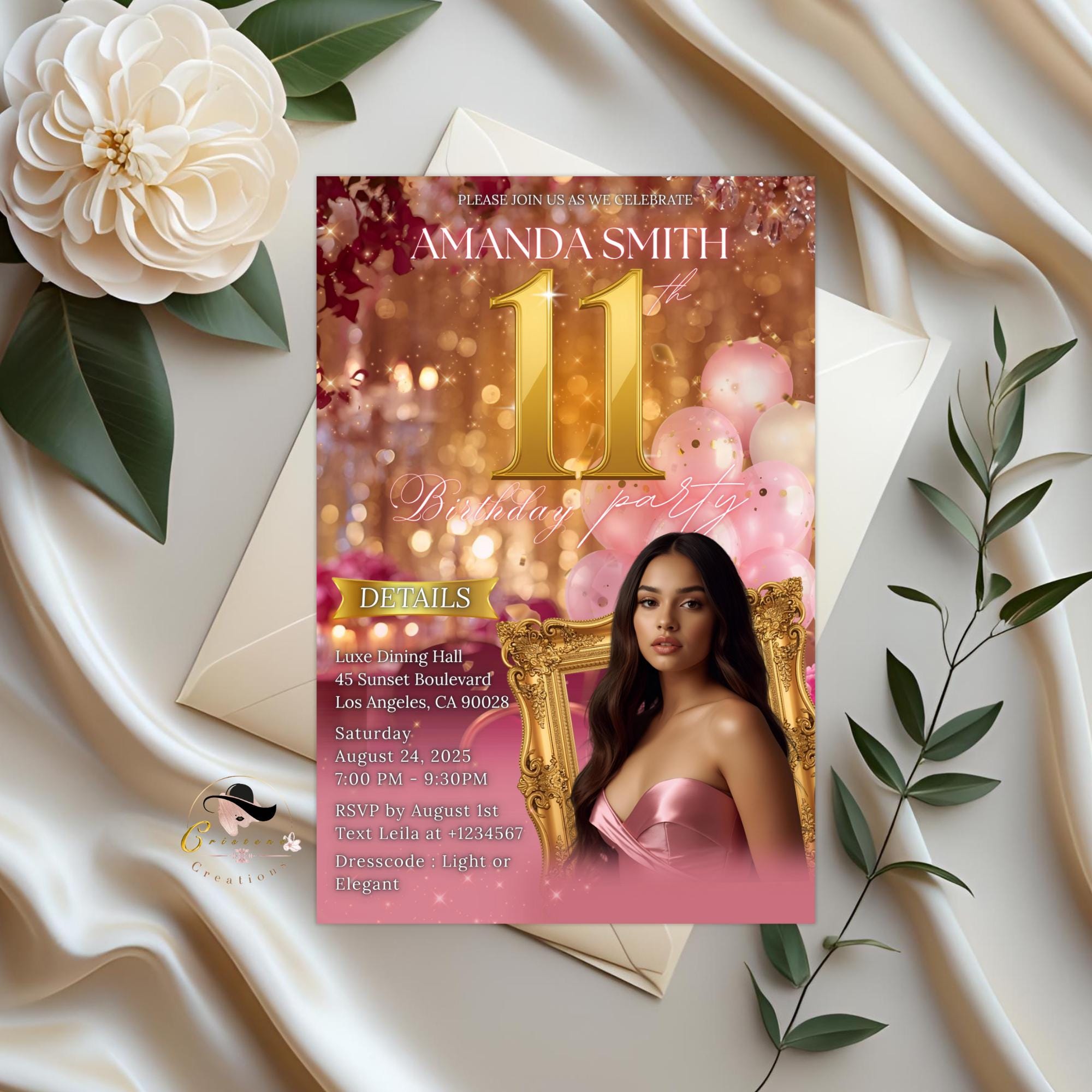 Editable 11th Birthday Invitation with photo Pink Rose gold Eleven Birthday Party Template for girl, Elegant Brunch Floral Glittery Invite