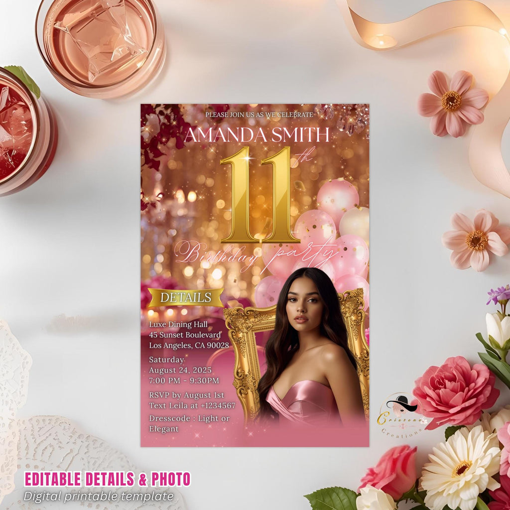 Editable 11th Birthday Invitation with photo Pink Rose gold Eleven Birthday Party Template for girl, Elegant Brunch Floral Glittery Invite