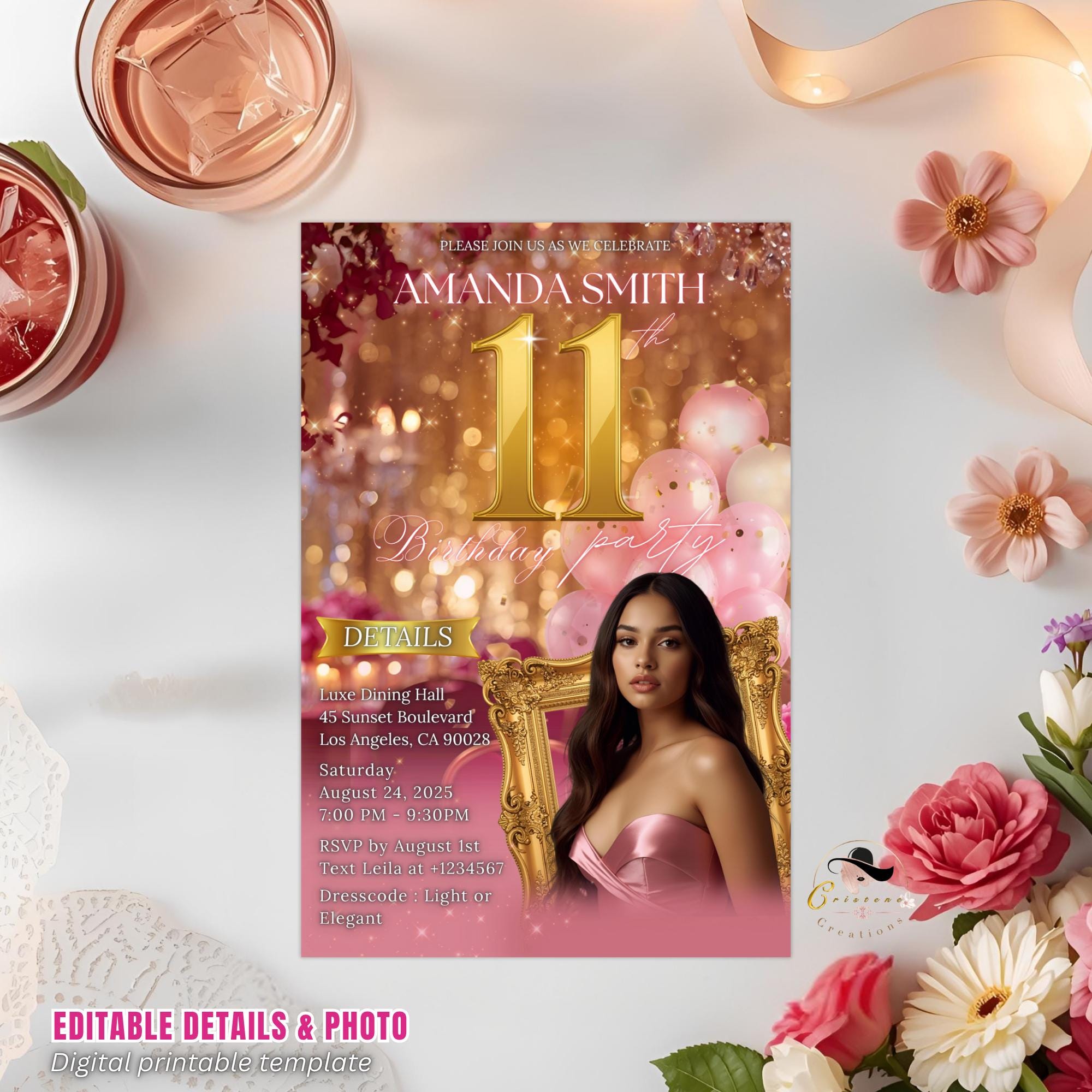 Editable 11th Birthday Invitation with photo Pink Rose gold Eleven Birthday Party Template for girl, Elegant Brunch Floral Glittery Invite