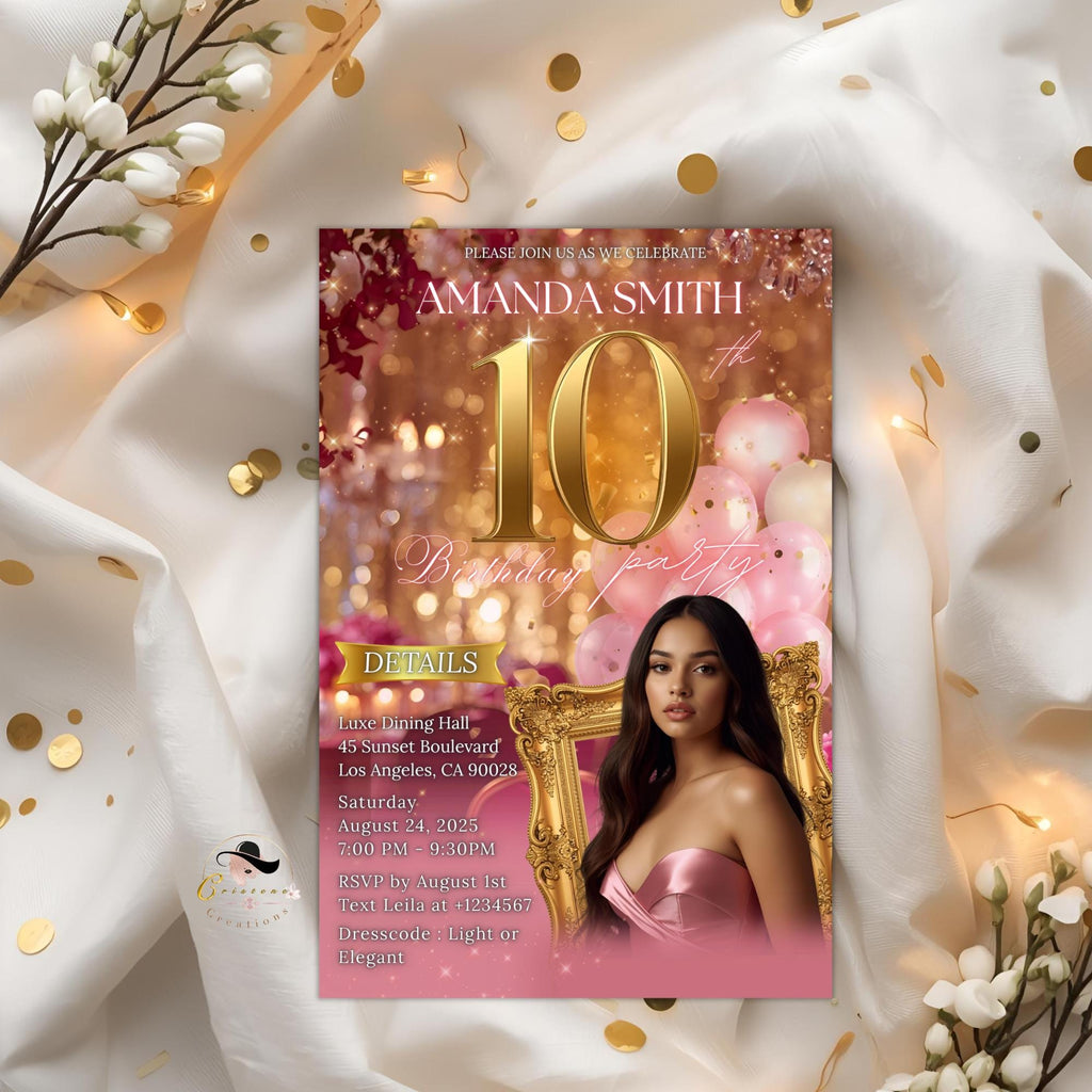 Digital 10th Birthday Invitation Pink Gold 10th Birthday Brunch Party Invite with photo, Tenth Birthday Dinner, Hello Double Digits Template