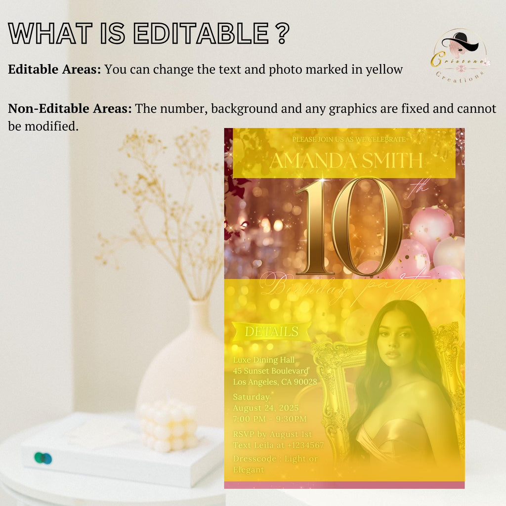 Digital 10th Birthday Invitation Pink Gold 10th Birthday Brunch Party Invite with photo, Tenth Birthday Dinner, Hello Double Digits Template