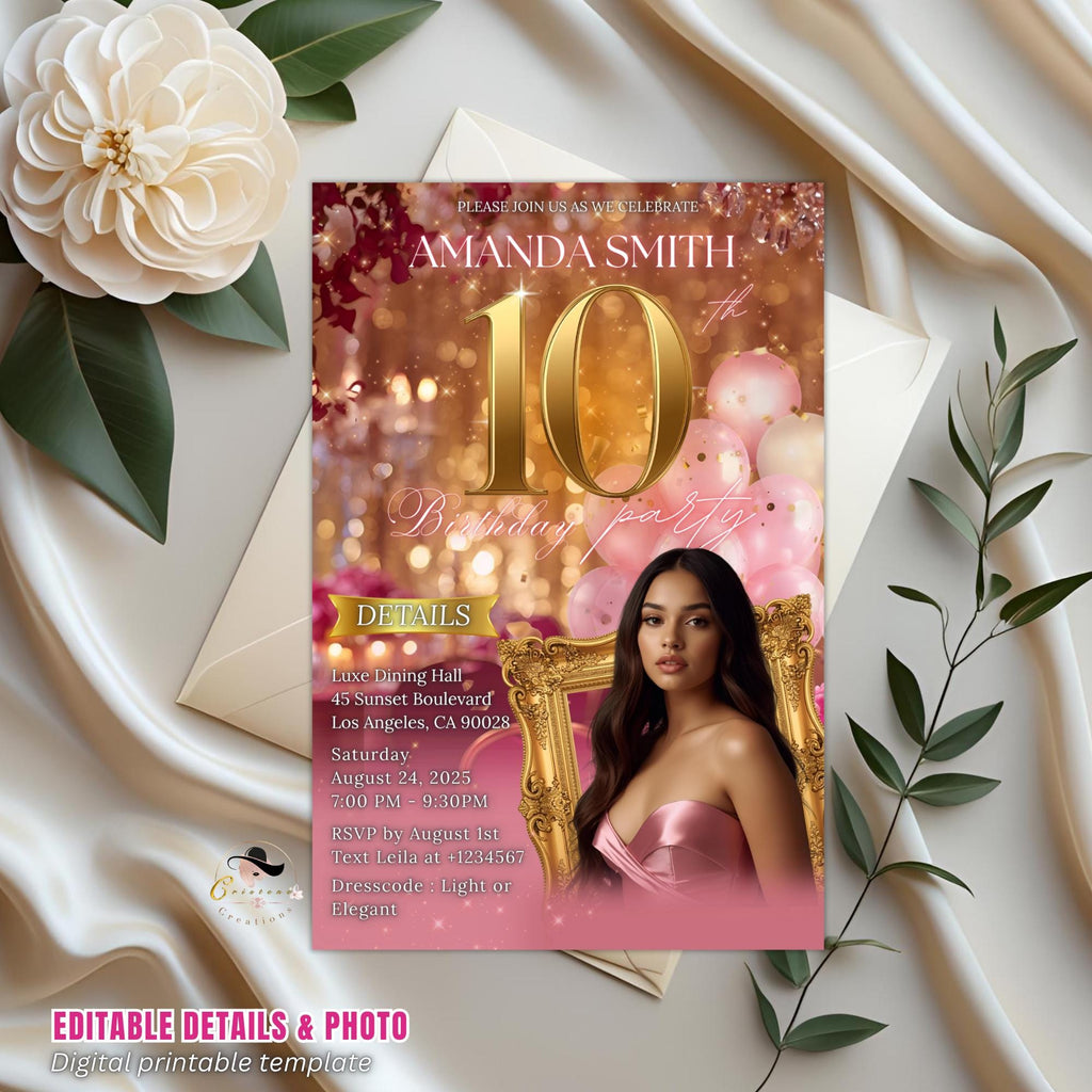 Digital 10th Birthday Invitation Pink Gold 10th Birthday Brunch Party Invite with photo, Tenth Birthday Dinner, Hello Double Digits Template