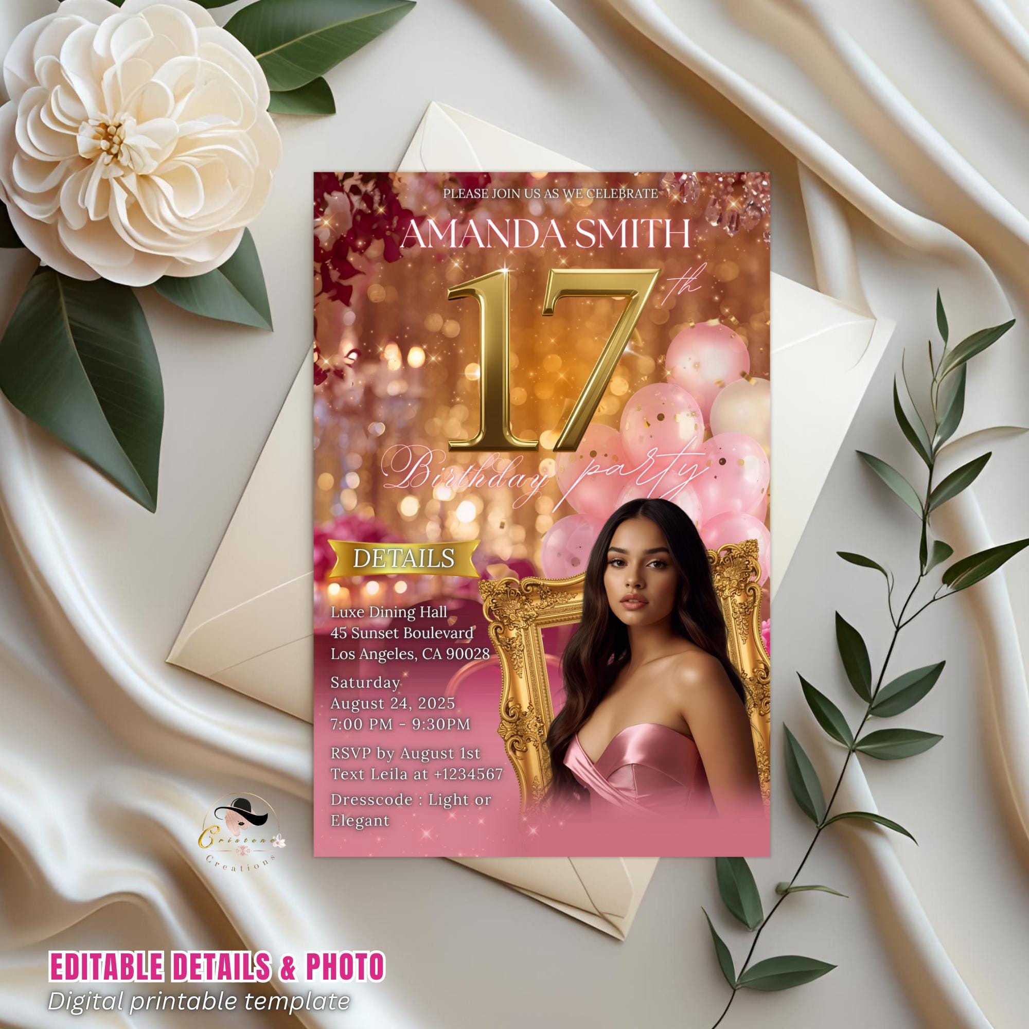 Digital 17th Birthday Invitation Pink Rose Gold Seventeenth Birthday Dinner with photo, Dancing Queen Invite, Elegant Brunch Floral Template