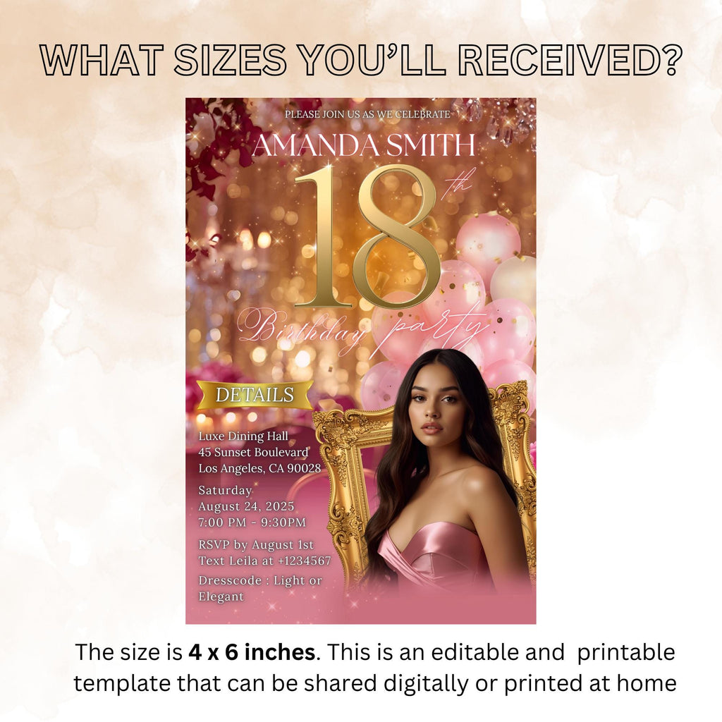 Digital 18th Birthday Invitation Pink Rose gold 18th Birthday Dinner invite Girl Debutante with photo template, Elegant Brunch Floral Invite