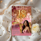 Digital 18th Birthday Invitation Pink Rose gold 18th Birthday Dinner invite Girl Debutante with photo template, Elegant Brunch Floral Invite