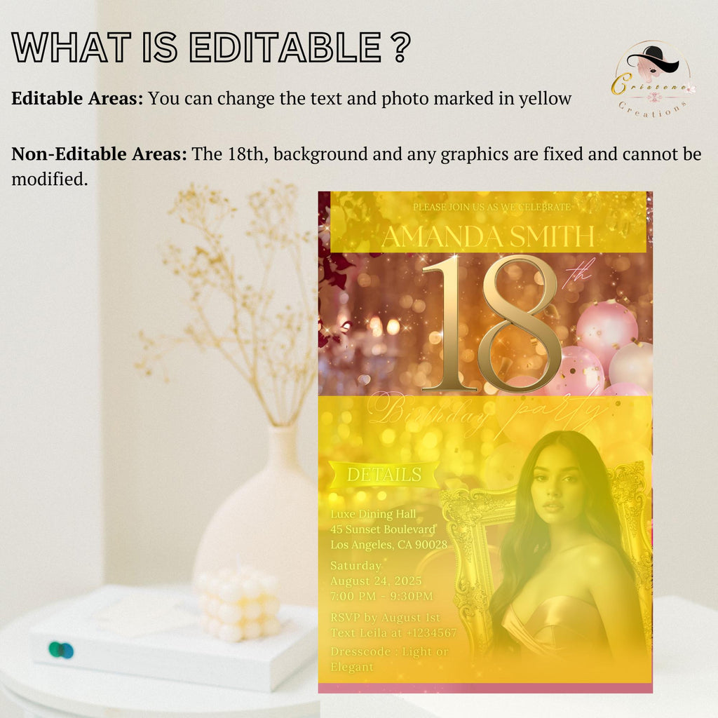 Digital 18th Birthday Invitation Pink Rose gold 18th Birthday Dinner invite Girl Debutante with photo template, Elegant Brunch Floral Invite