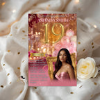 Digital 19th Birthday Invitation with photo Rose Gold Pink Nineteenth Birthday Dinner Template, Elegant Woman Brunch Party Floral Invite