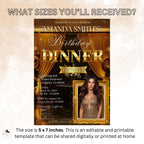 Editable Birthday Dinner Invitation Black Gold Luxury Dinner Invite with photo, Woman Birthday Party, Digital Retirement Party Template