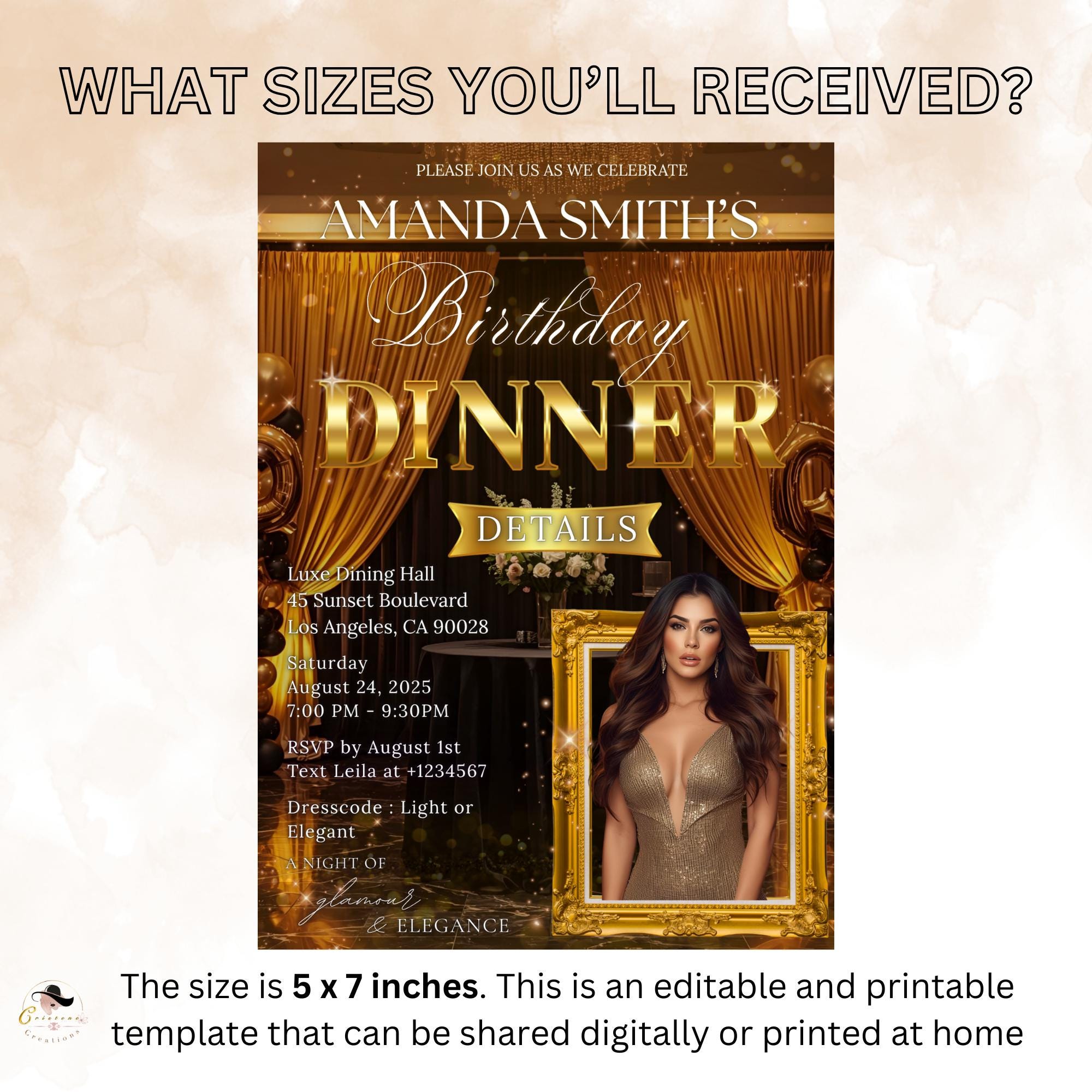 Editable Birthday Dinner Invitation Black Gold Luxury Dinner Invite with photo, Woman Birthday Party, Digital Retirement Party Template