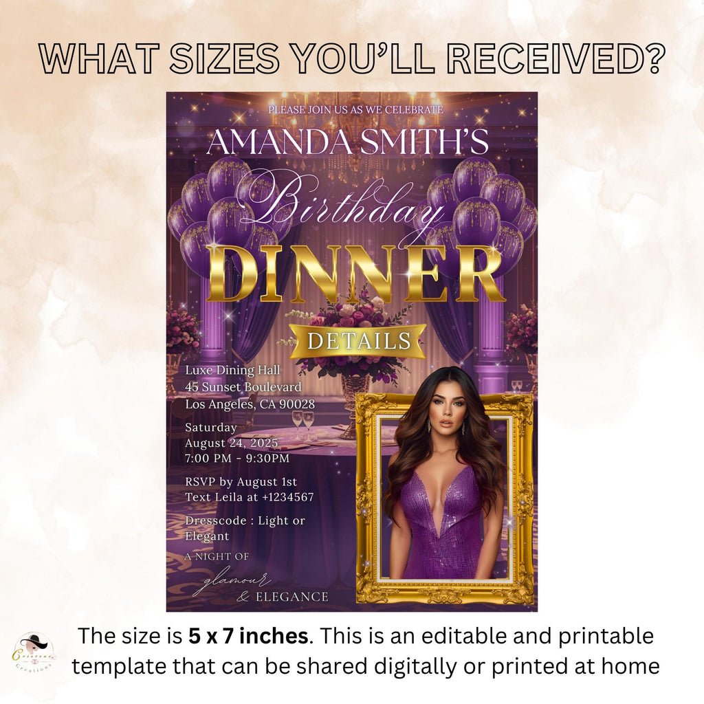 Editable Birthday Dinner Invitation Purple Gold Luxury Dinner Invite with photo, Woman Retirement Party, Shades of Purple Digital Template