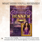 Editable Birthday Dinner Invitation Purple Gold Luxury Dinner Invite with photo, Woman Retirement Party, Shades of Purple Digital Template