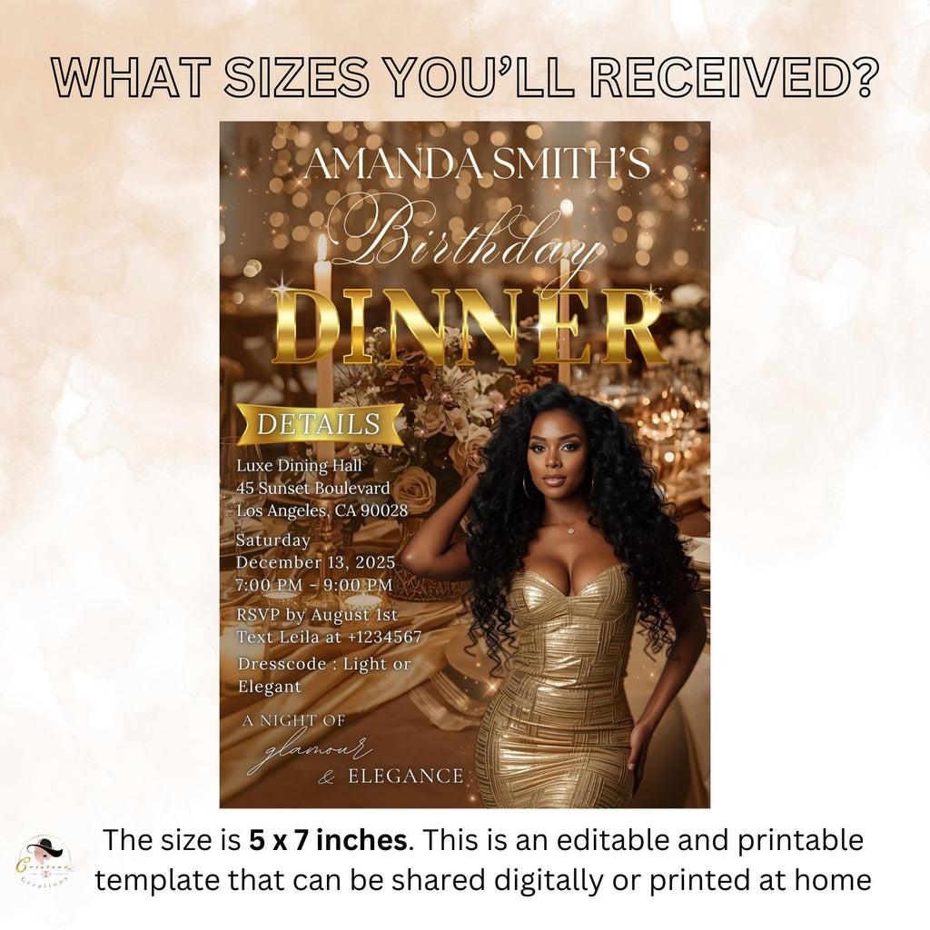 Editable Birthday Dinner Invitation Brown Gold Luxury Dinner Invite with photo, Woman Retirement Party, Shades of Melanin Digital Template