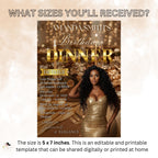 Editable Birthday Dinner Invitation Brown Gold Luxury Dinner Invite with photo, Woman Retirement Party, Shades of Melanin Digital Template