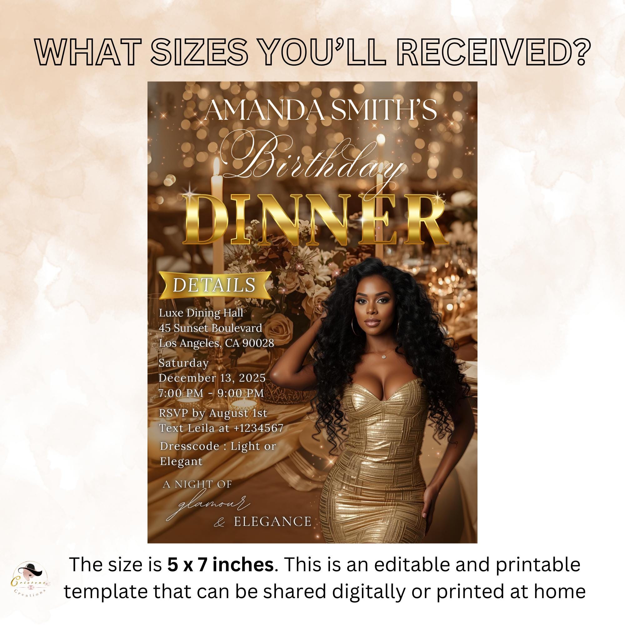 Editable Birthday Dinner Invitation Brown Gold Luxury Dinner Invite with photo, Woman Retirement Party, Shades of Melanin Digital Template