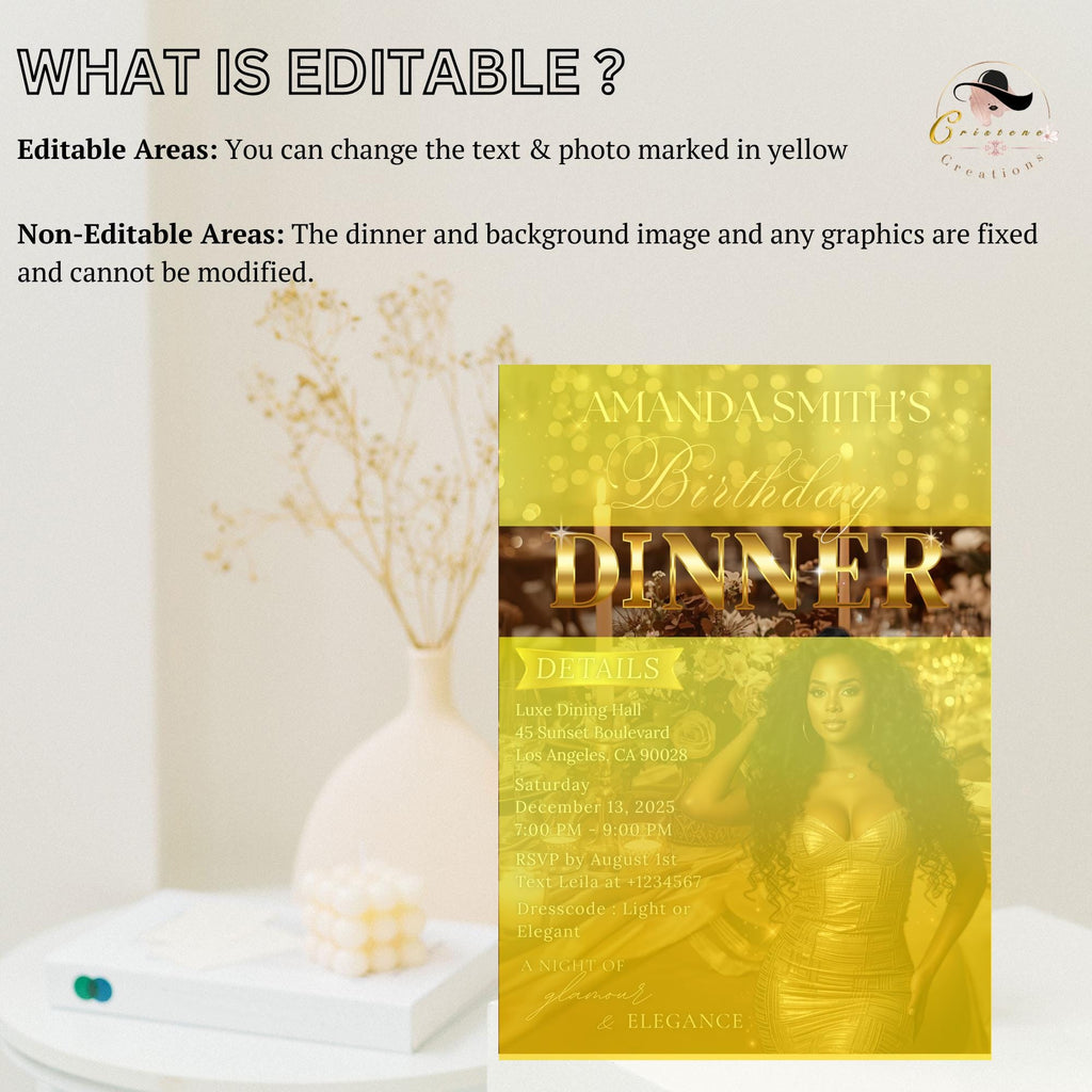 Editable Birthday Dinner Invitation Brown Gold Luxury Dinner Invite with photo, Woman Retirement Party, Shades of Melanin Digital Template