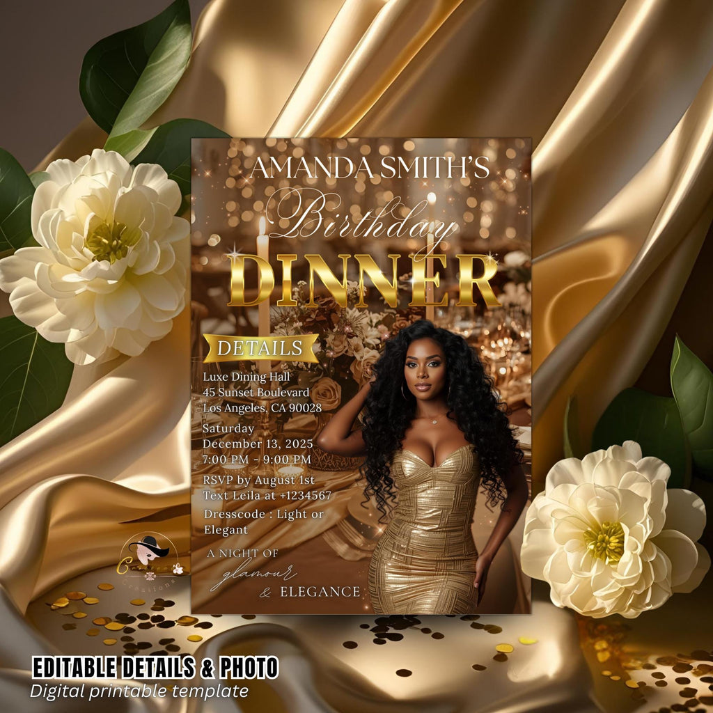 Editable Birthday Dinner Invitation Brown Gold Luxury Dinner Invite with photo, Woman Retirement Party, Shades of Melanin Digital Template