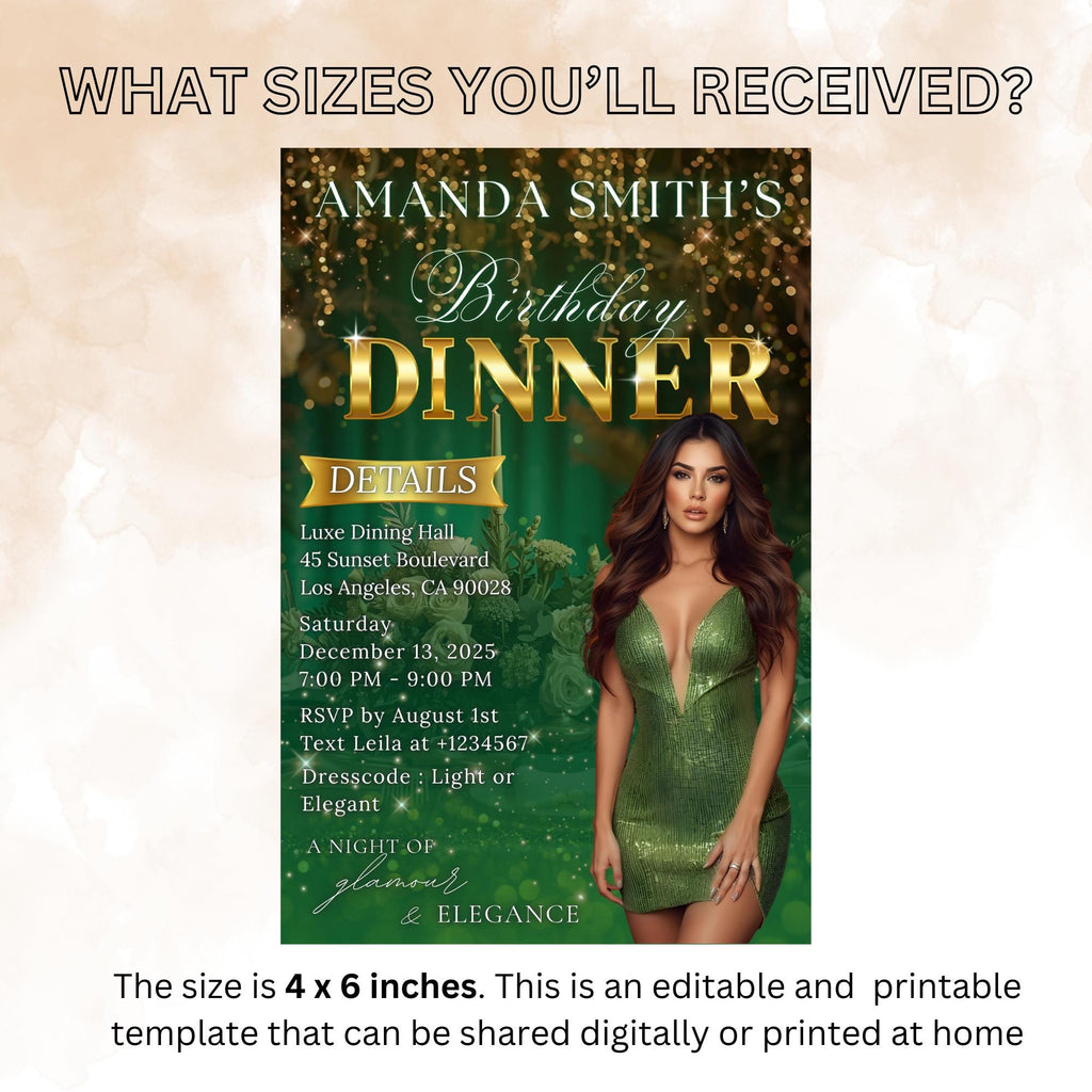 Editable Birthday Dinner Invitation Green Gold Luxury Dinner Invite with photo, Woman Birthday Invite, Digital Retirement Party Template