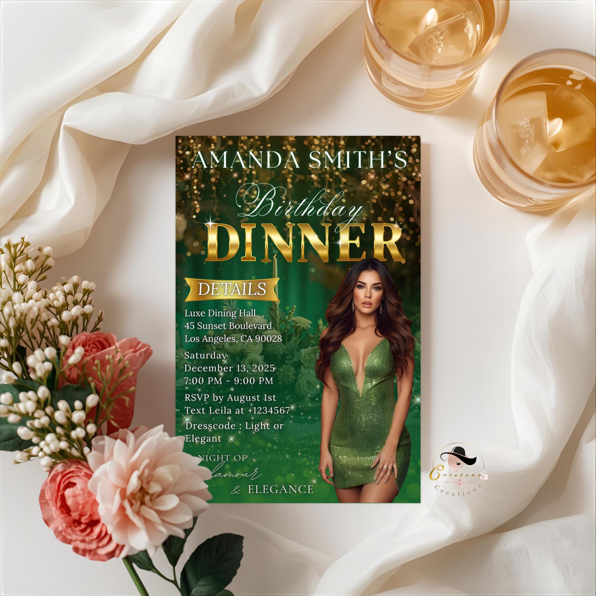 Editable Birthday Dinner Invitation Green Gold Luxury Dinner Invite with photo, Woman Birthday Invite, Digital Retirement Party Template