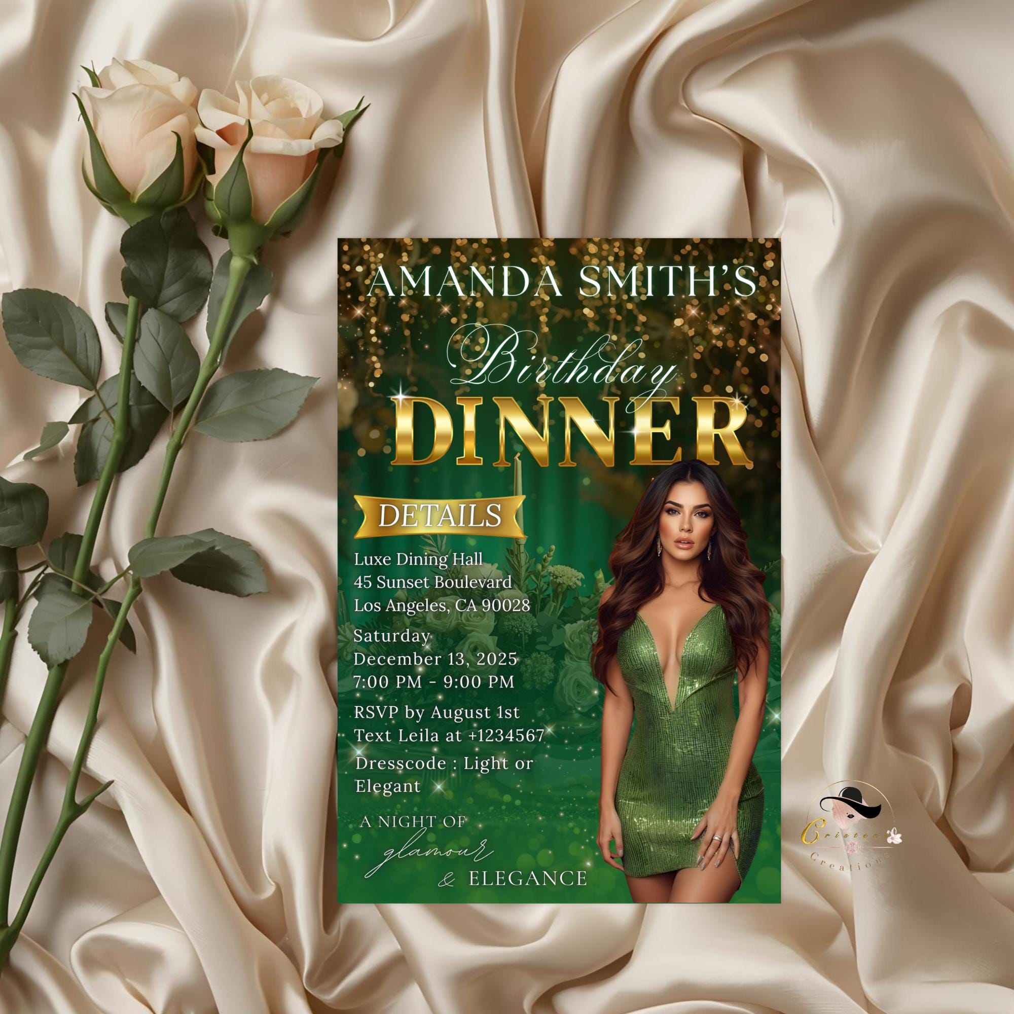 Editable Birthday Dinner Invitation Green Gold Luxury Dinner Invite with photo, Woman Birthday Invite, Digital Retirement Party Template