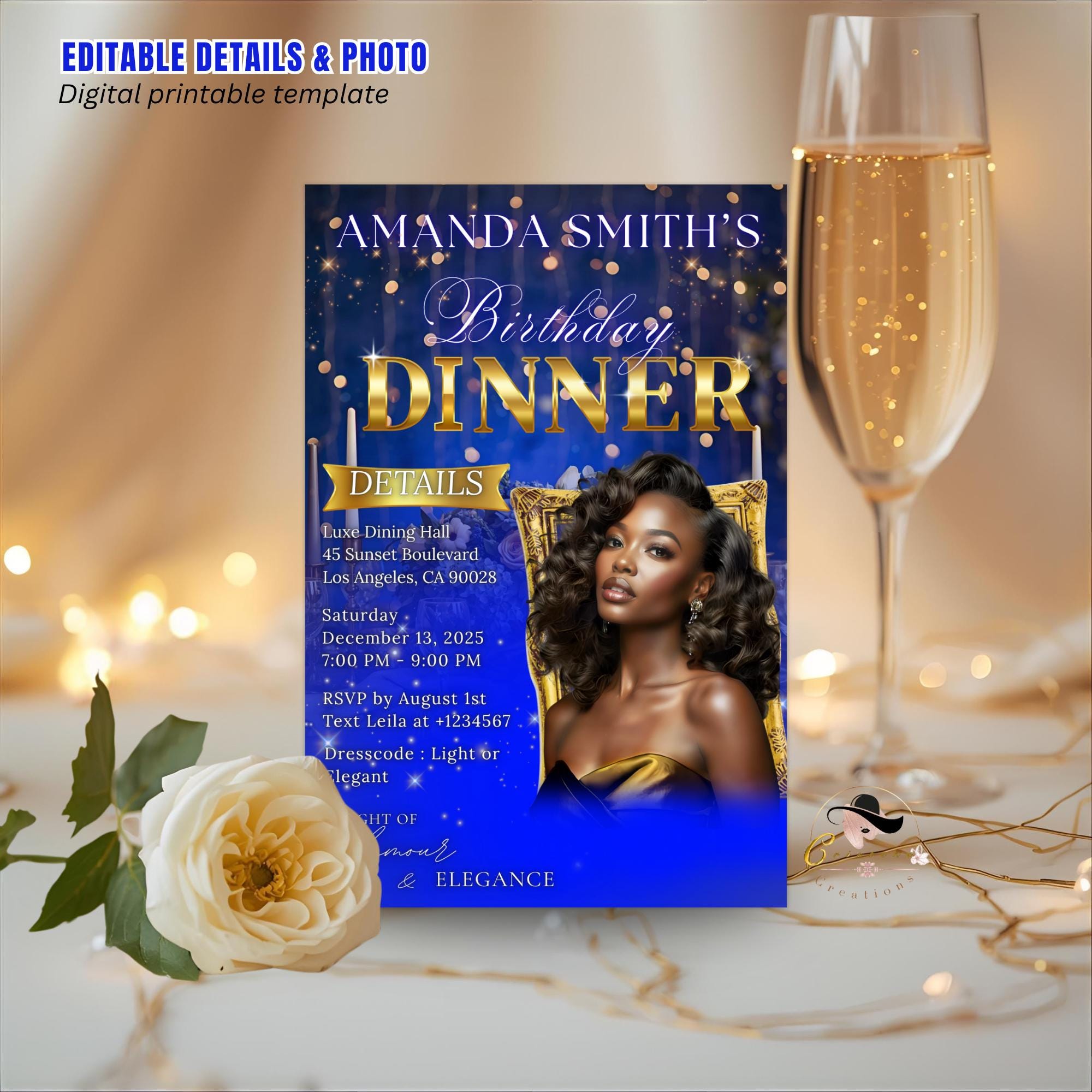 Editable Birthday Dinner Invitation Blue Gold Luxury Dinner Invite with photo, Woman Birthday Invite, Digital Retirement Party Template
