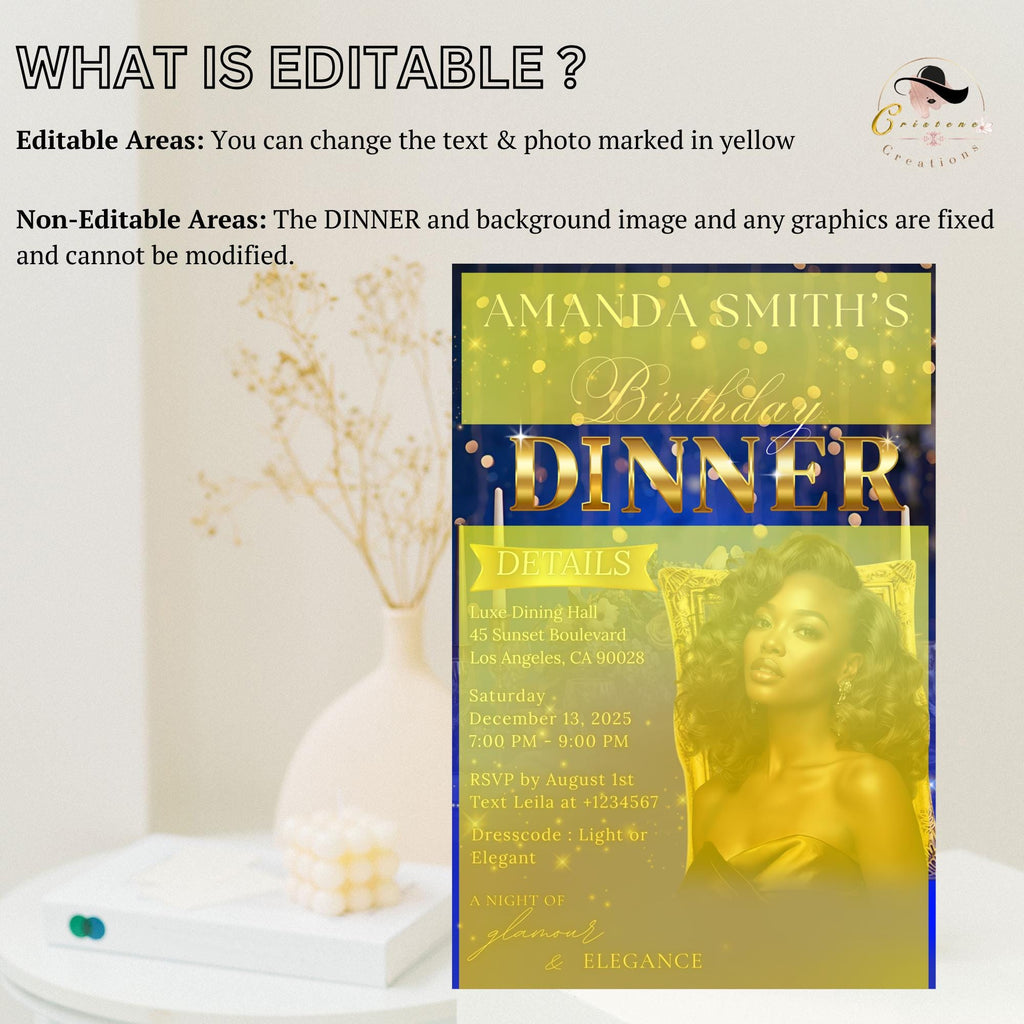 Editable Birthday Dinner Invitation Blue Gold Luxury Dinner Invite with photo, Woman Birthday Invite, Digital Retirement Party Template