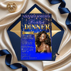 Editable Birthday Dinner Invitation Blue Gold Luxury Dinner Invite with photo, Woman Birthday Invite, Digital Retirement Party Template