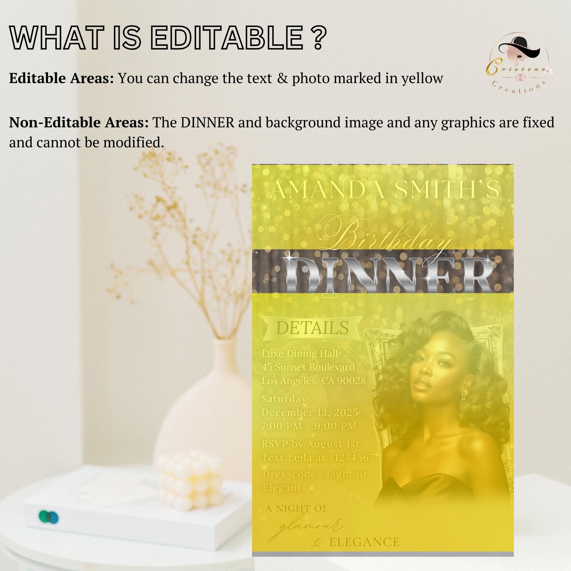 Digital Birthday Dinner Invitation Silver Luxury Dinner Invite with photo, Editable Woman Birthday Invite, Elegant Retirement Party Template