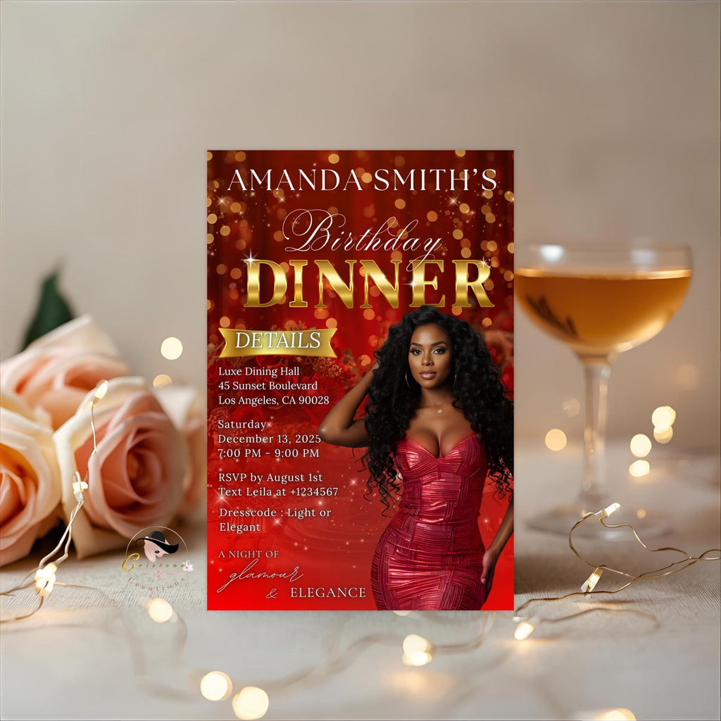 Digital Birthday Dinner Invitation Red Gold Luxury Dinner Invite with photo, Editable Woman Birthday Invite Classy Retirement Party Template
