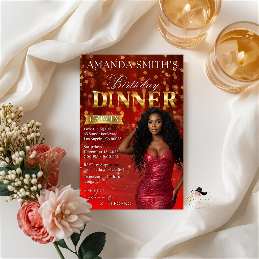 Digital Birthday Dinner Invitation Red Gold Luxury Dinner Invite with photo, Editable Woman Birthday Invite Classy Retirement Party Template